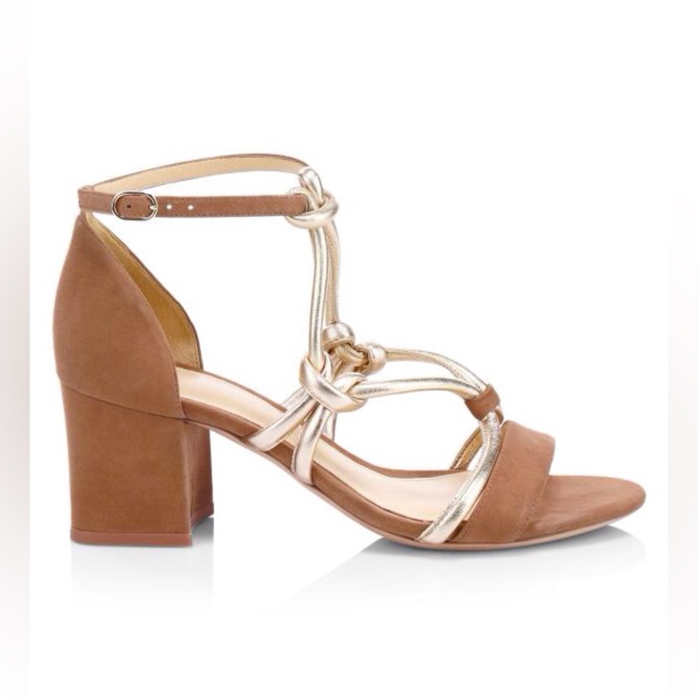 Alexandre Birman Macramé Rope Block Heel Sandals in Cobble Gold Size 39.